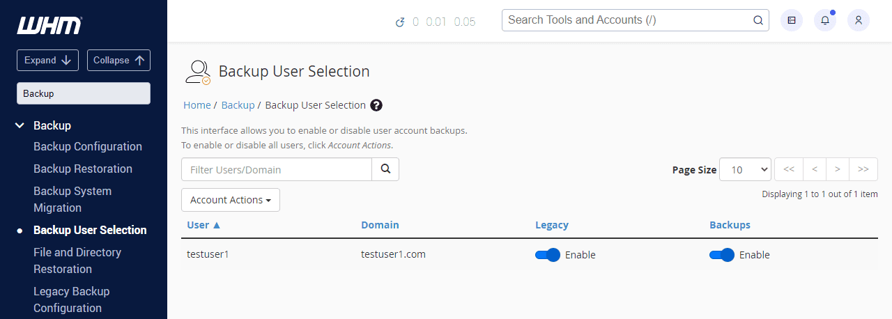 WHM backup configuration screen for enabling user account backups on VPS and dedicated hosting