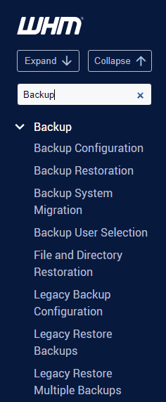 WHM backup configuration menu for VPS and dedicated hosting backup management options
