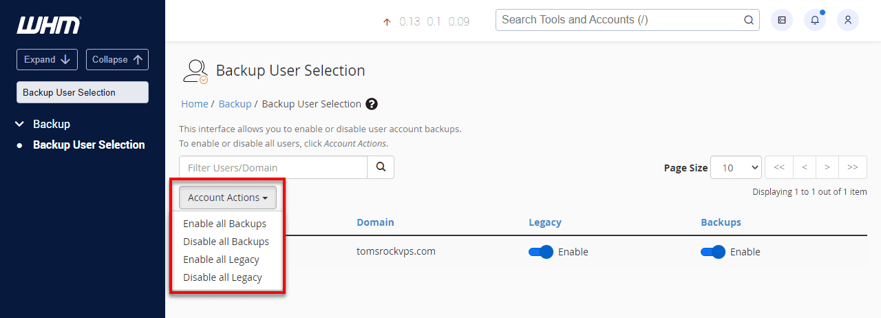 WHM backup configuration options for enabling or disabling user account backups on VPS hosting