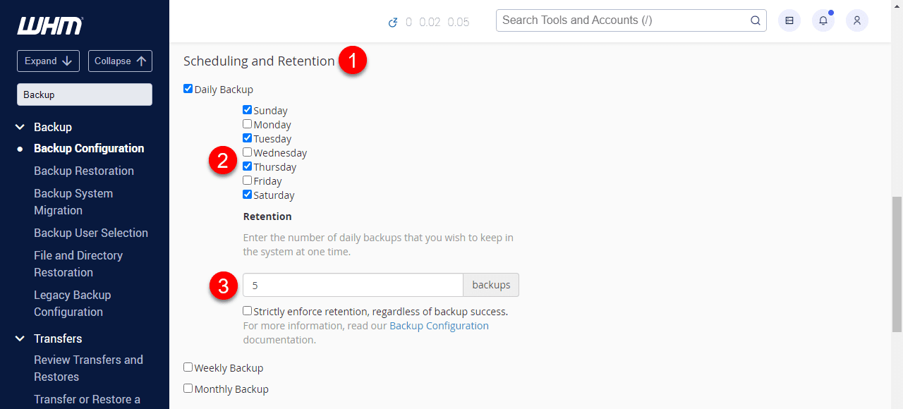 WHM backup configuration panel for VPS dedicated hosting wd backup scheduling and retention settings