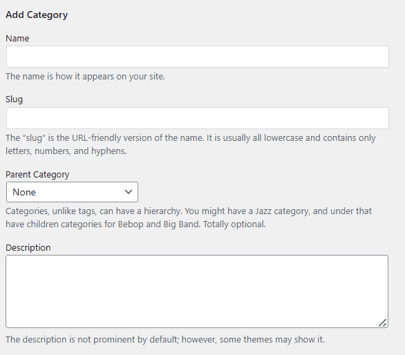 WordPress dashboard add category form showing how to add categories in WordPress step by step