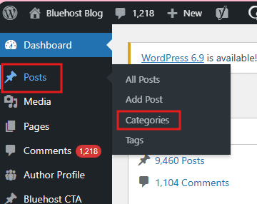WordPress dashboard showing how to add categories in WordPress under the Posts menu