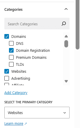 WordPress categories panel showing what is a category in WordPress for organizing blog posts