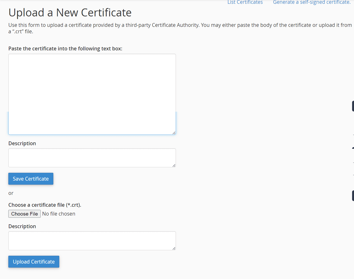 cPanel upload form for how to install third party ssl certificate step by step guide
