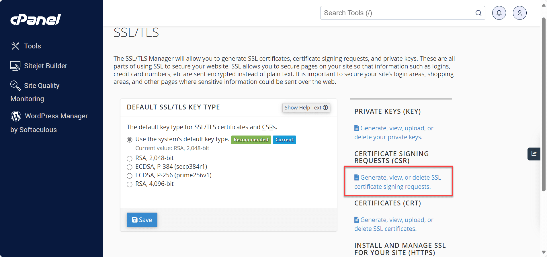 cPanel SSL/TLS settings for how to install third party SSL certificate in Bluehost step-by-step