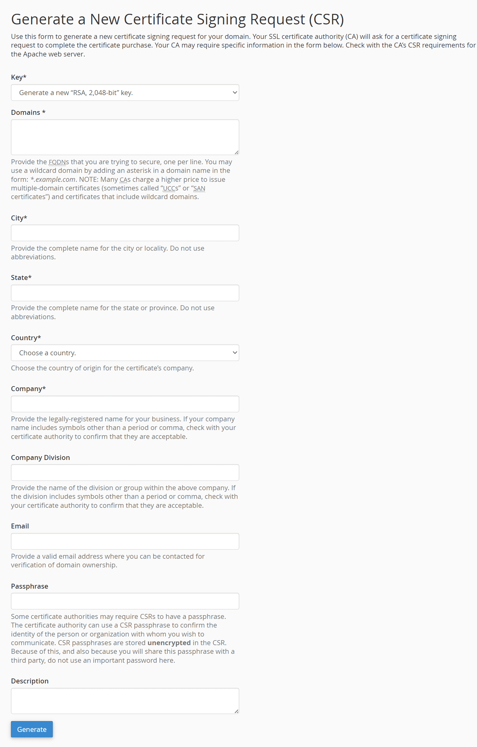 cPanel generate CSR form for how to install third party SSL certificate step-by-step process