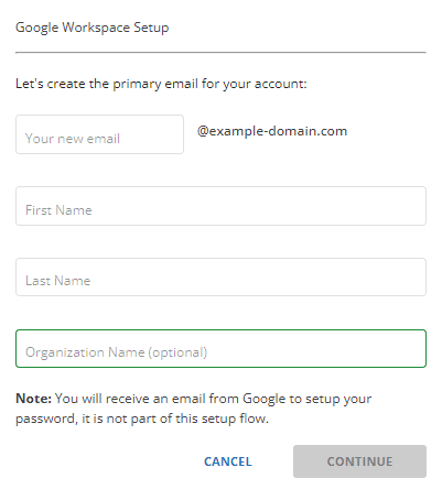 Gmail custom domain setup form for business email account in Google Workspace step-by-step process