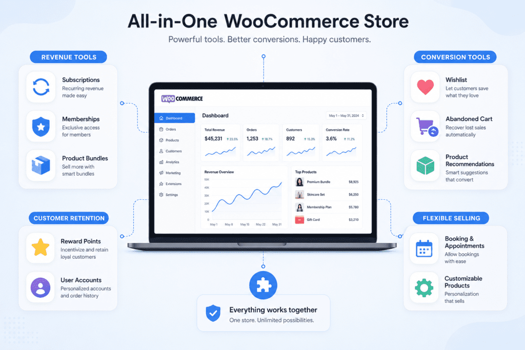 WooCommerce dashboard showcasing all-in-one features — best tool for ecommerce growth in 2026