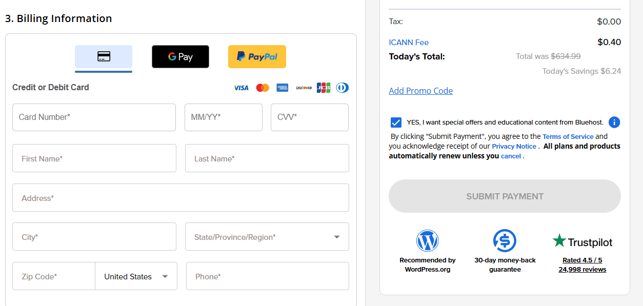 Bluehost Domain Name Generator checkout - secure billing for easy domain registration