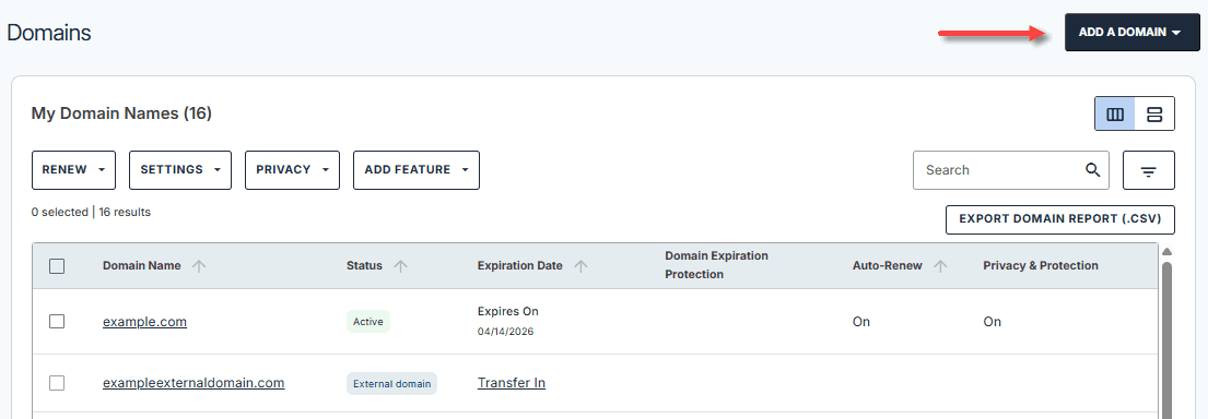 Bluehost Domain Name Generator: dashboard view to add a domain and manage registration