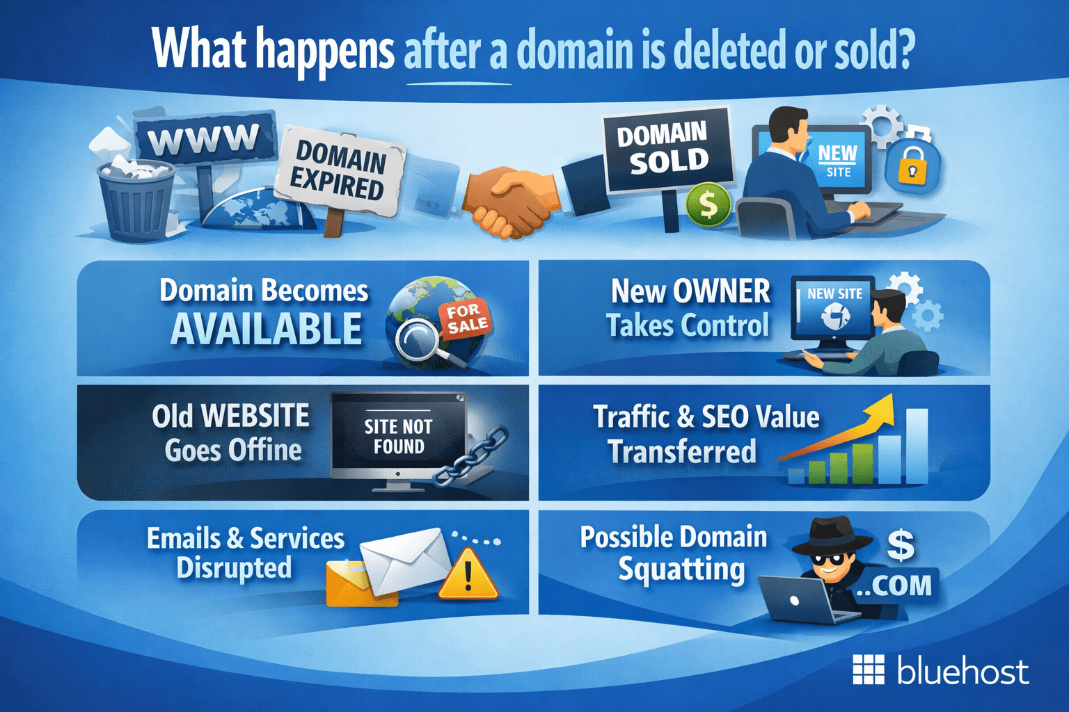 Infographic on domain renewal importance, showing risks like SEO loss, email issues, and domain squatting