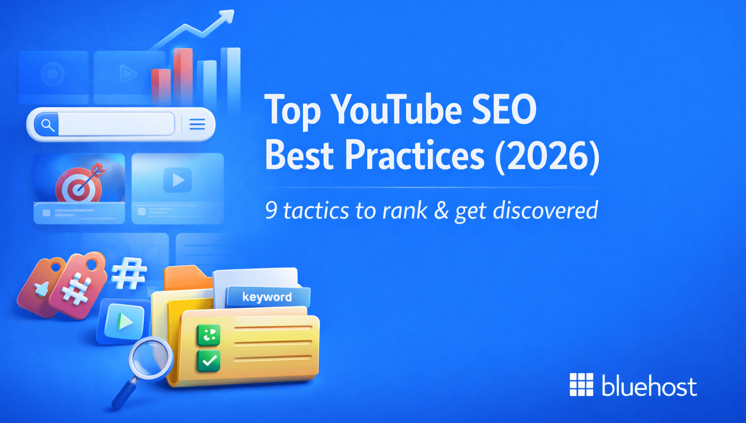 YouTube SEO tips for 2026: best practices banner with keywords, search and ranking icons