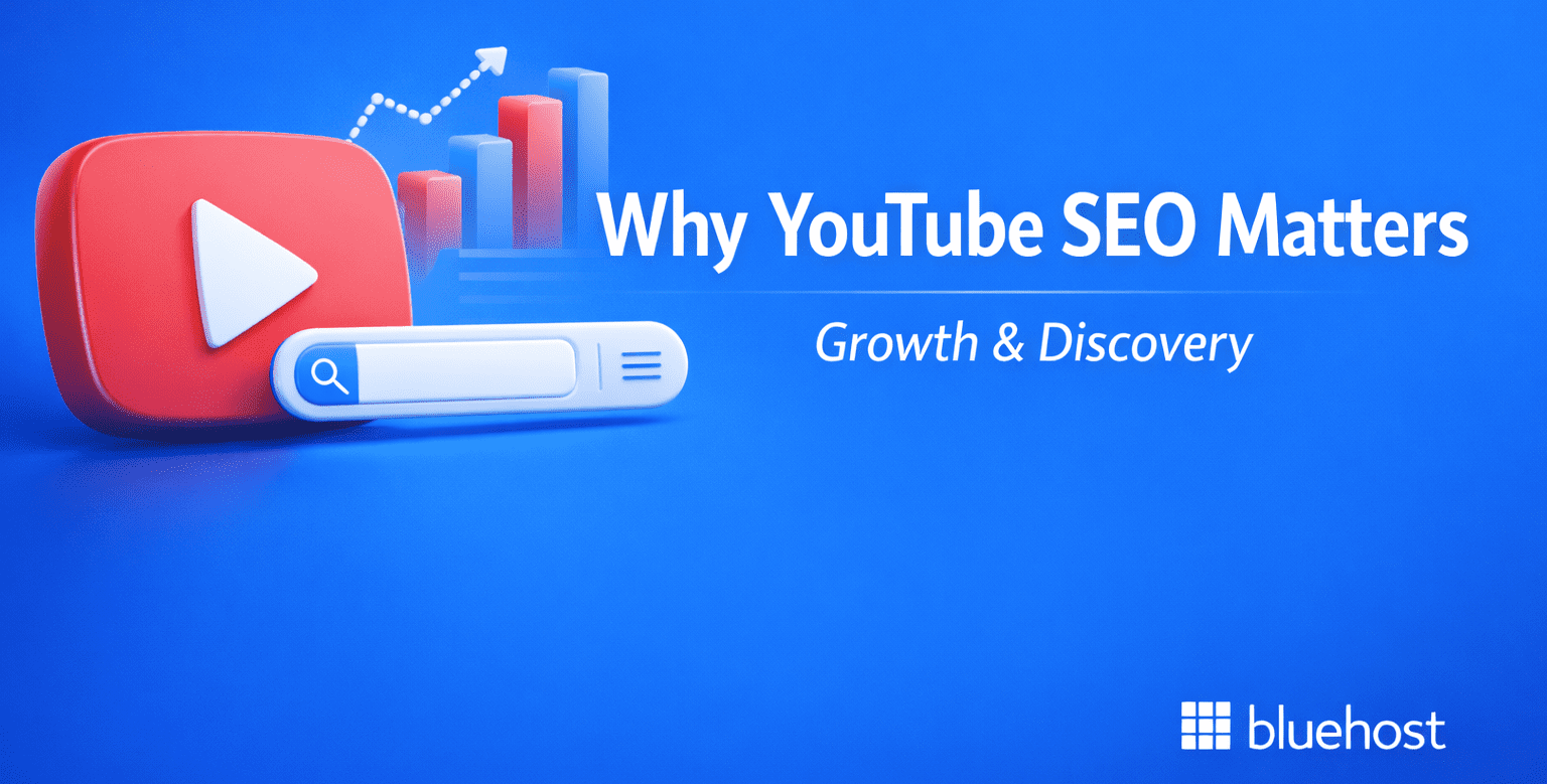 YouTube SEO tips graphic with search bar, rising chart to rank higher in 2026