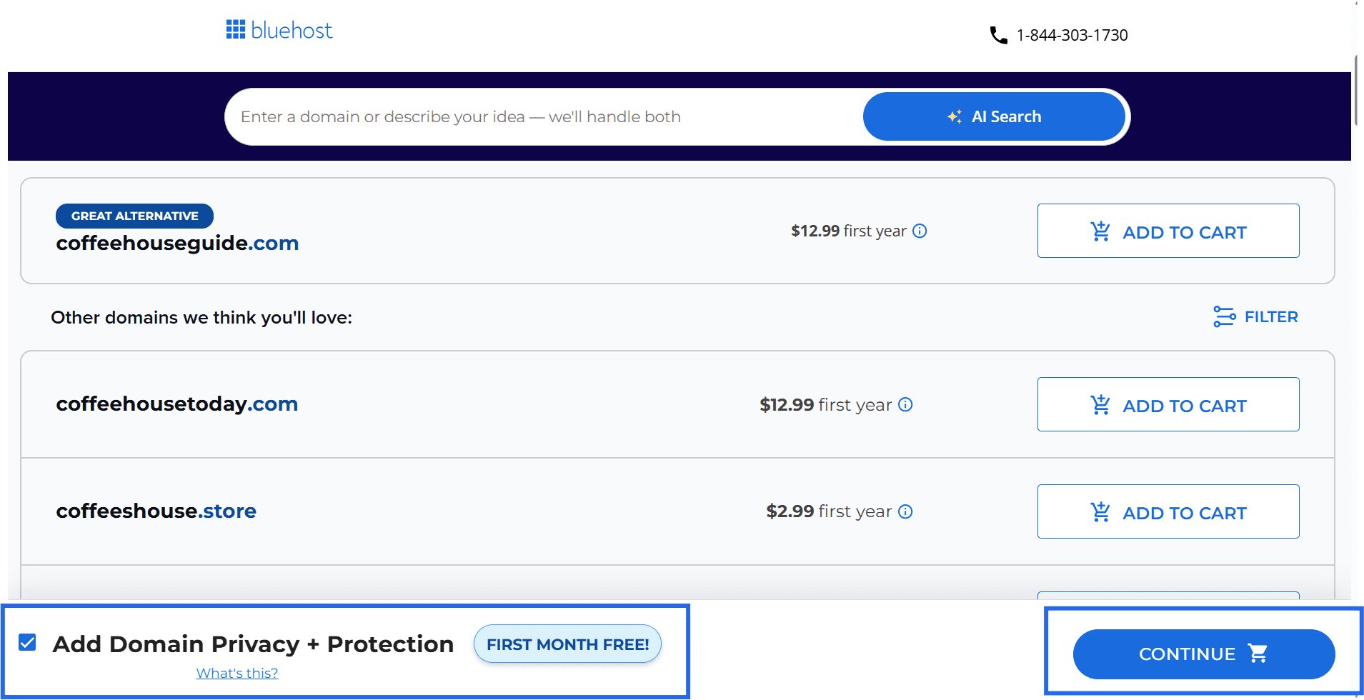Bluehost Domain Name Generator showing AI Search results and domain registration options