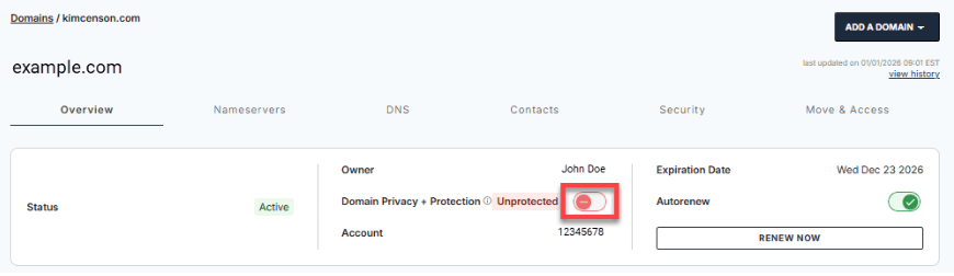 Domain privacy for agencies and clients dashboard showing unprotected WHOIS privacy status for domain