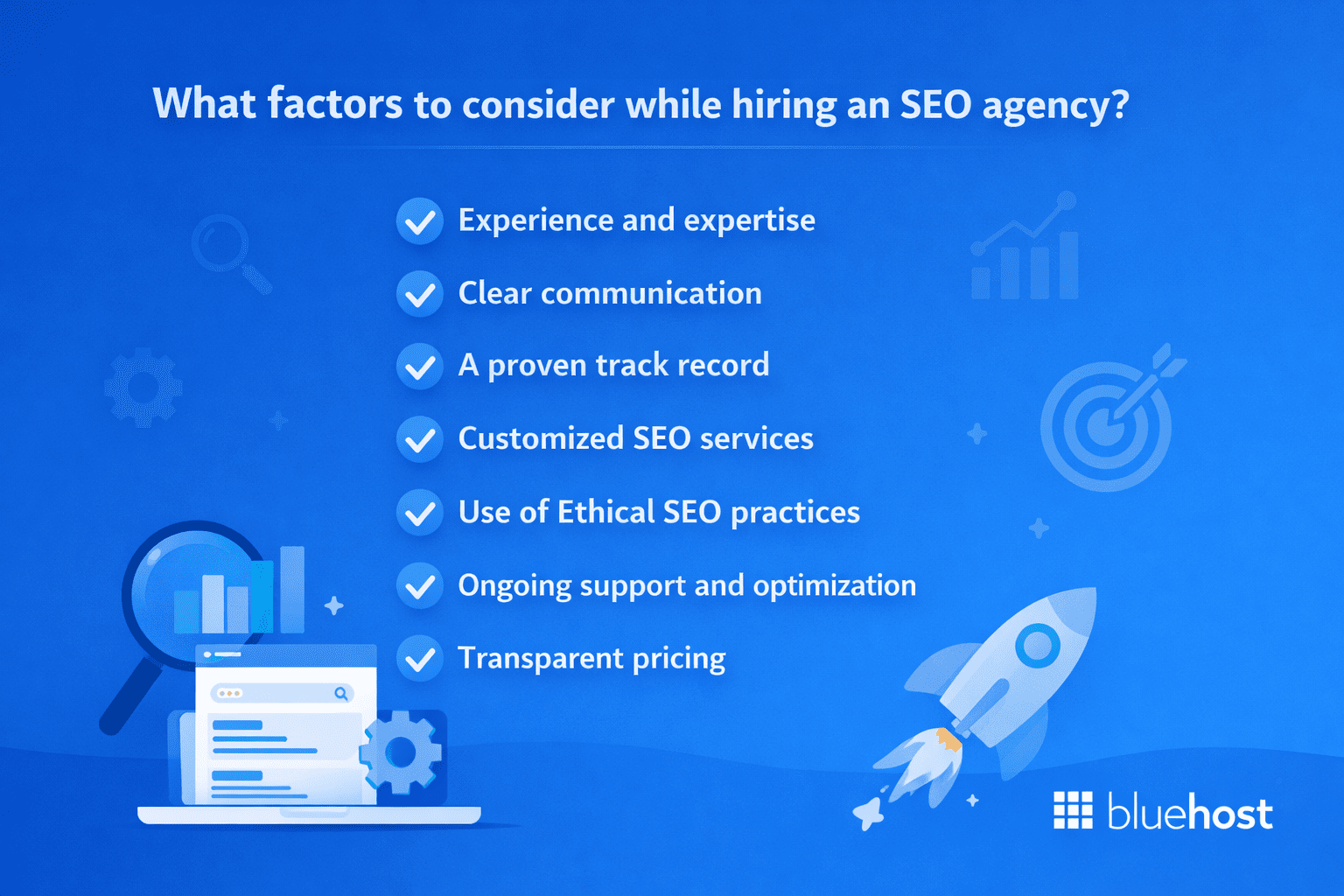 how to hire seo agency 2026: visual checklist—experience, ethics, support, transparent pricing