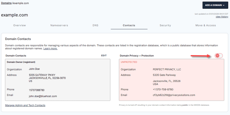 Domain privacy for agencies and clients toggle showing WHOIS protection status on domain contacts page