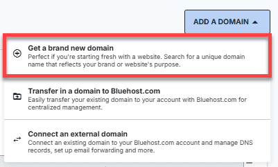 Bluehost Domain Name Generator showing Get a brand new domain option for search and registration