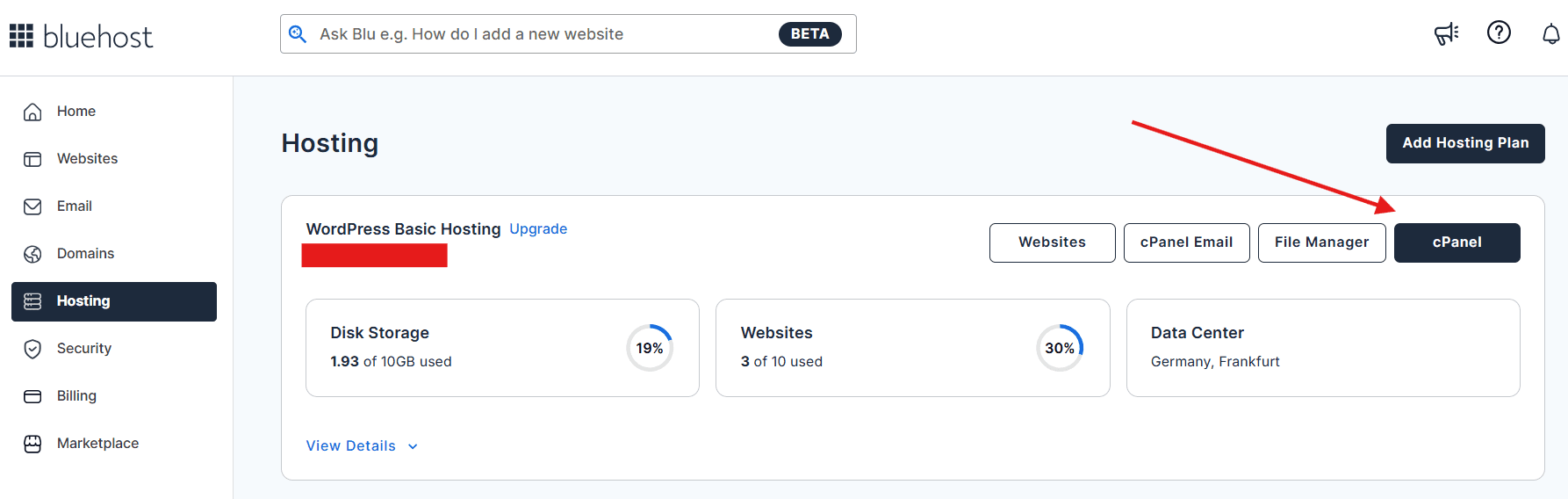 Bluehost hosting dashboard showing cPanel access for managing subdomains and understanding what is a subdomain