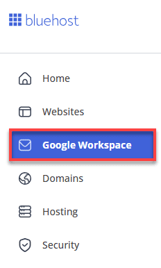 Bluehost Google Workspace menu for setting up Gmail custom domain for business email integration