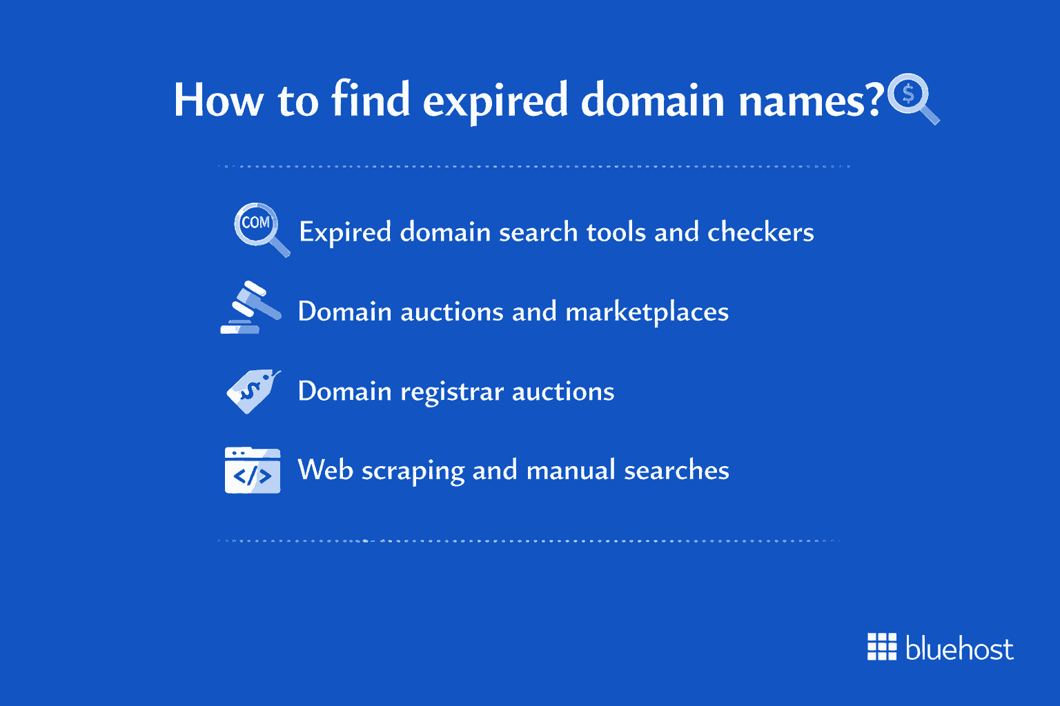 Buy expired domains using search tools, domain auctions, registrar partners and manual search tips