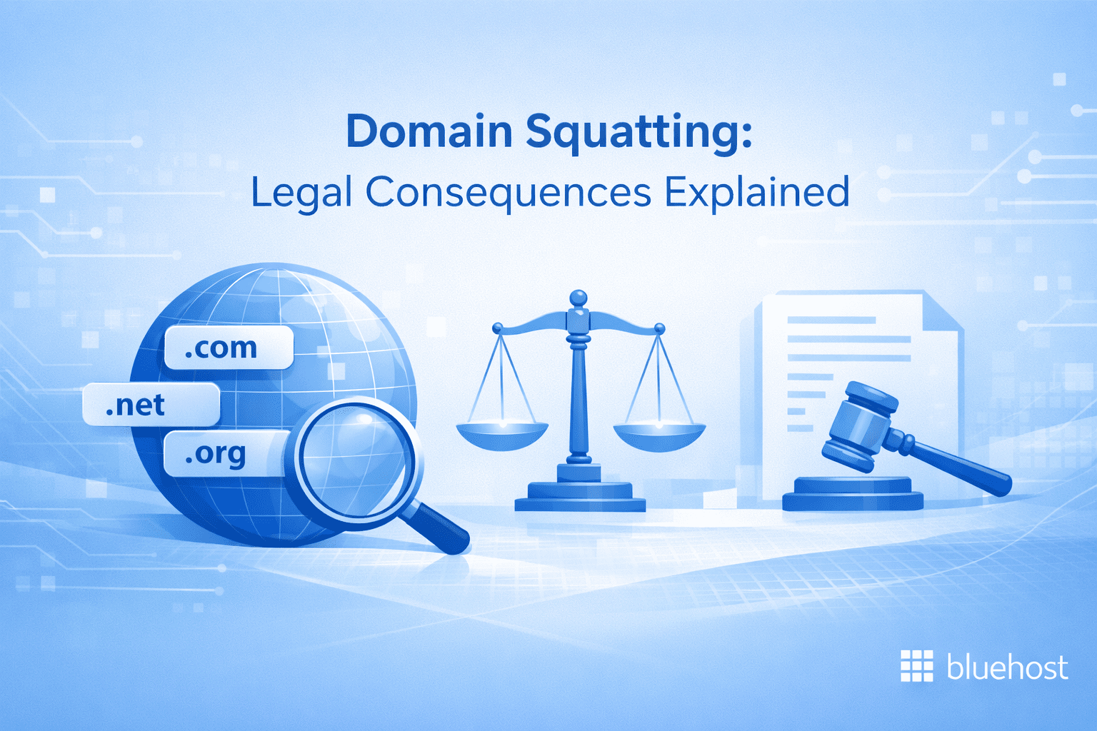 Domain squatting 2026 legal implications with gavel, scales, globe, and domain name search icons