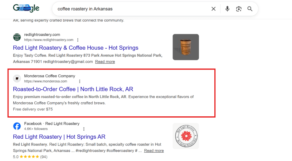 Monderosa Coffee website search result