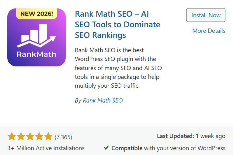 Rank Math vs Yoast: screenshot of Rank Math SEO plugin listing with ratings in WordPress