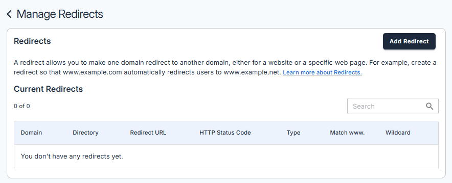 Manage Redirects page, click the 'Add Redirect' button at the top right.