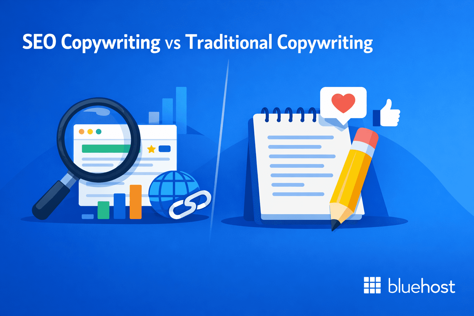 What is SEO copywriting? Illustration contrasting SEO metrics and links with traditional notes
