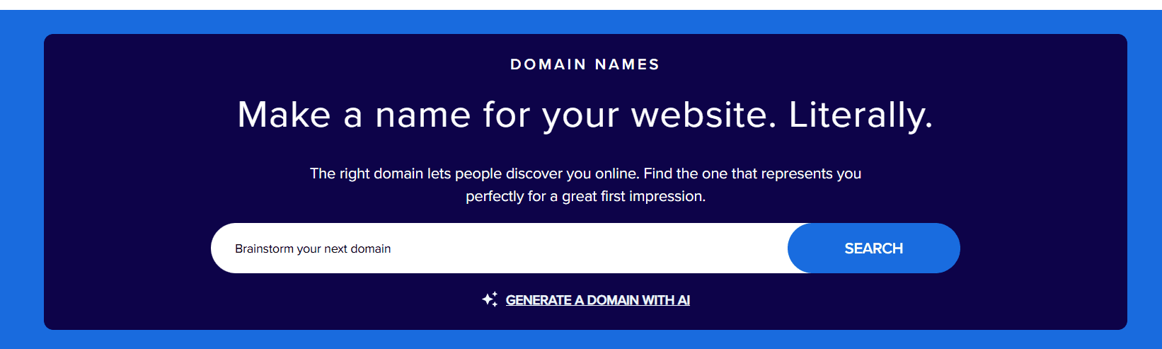 Bluehost Domain Name Generator search bar with Search button and AI domain ideas callout