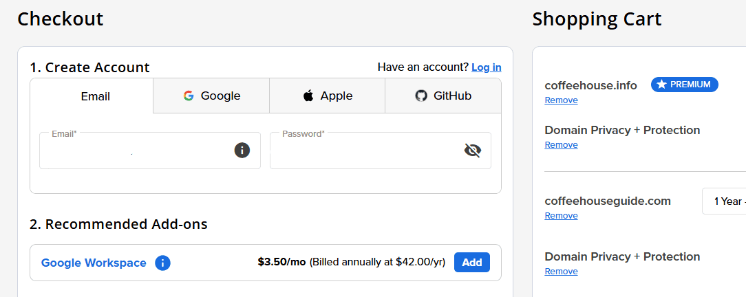 Bluehost Domain Name Generator checkout with shopping cart for domain registration and privacy