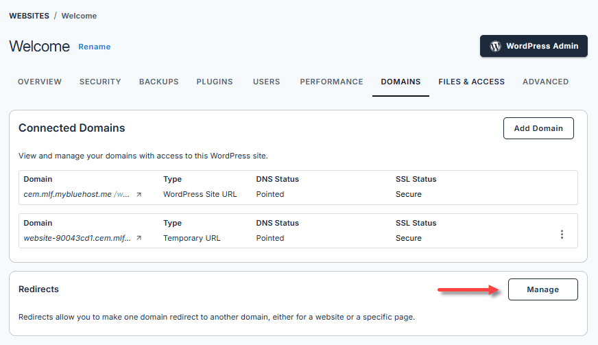 Scroll down to the 'Redirects' section and click the 'Manage' button.