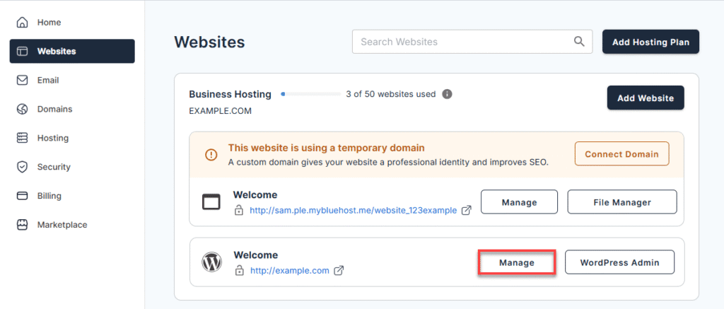 Click the 'Manage' button next to the website you want to manage.