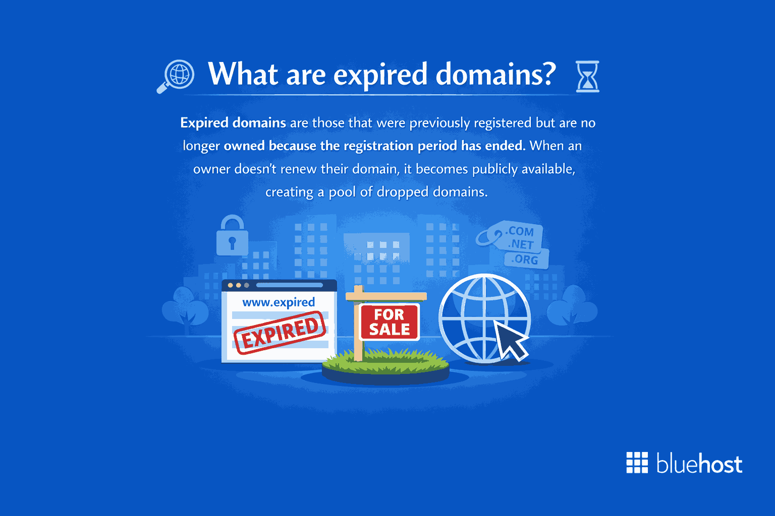 Buy expired domains graphic showing expired domain, for sale sign and web globe to boost SEO authority