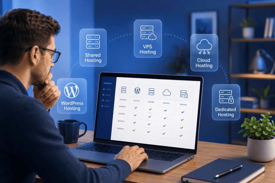 What are the types of web hosting and Bluehost plans compared