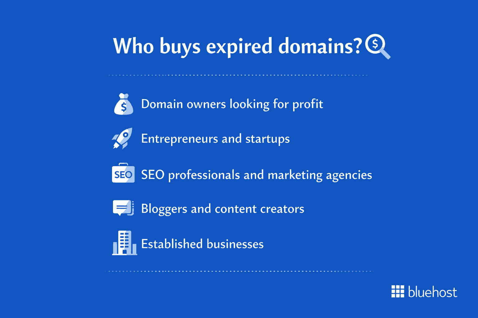 Expired domains infographic: SEO, domain owners, marketers, startups, bloggers, businesses, profit buyers