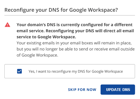Update DNS screen for setting up Gmail custom domain for business email with Google Workspace integration