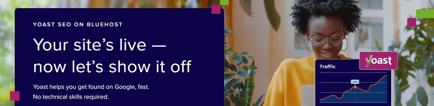 Difference between Yoast SEO free and premium illustrated on Bluehost as user monitors traffic