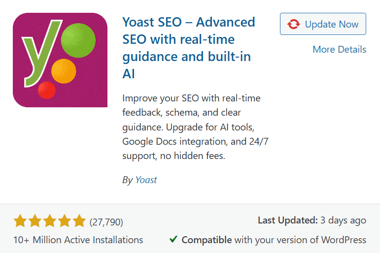 Rank Math vs Yoast comparison: Yoast SEO plugin card with logo, 5-star ratings, active