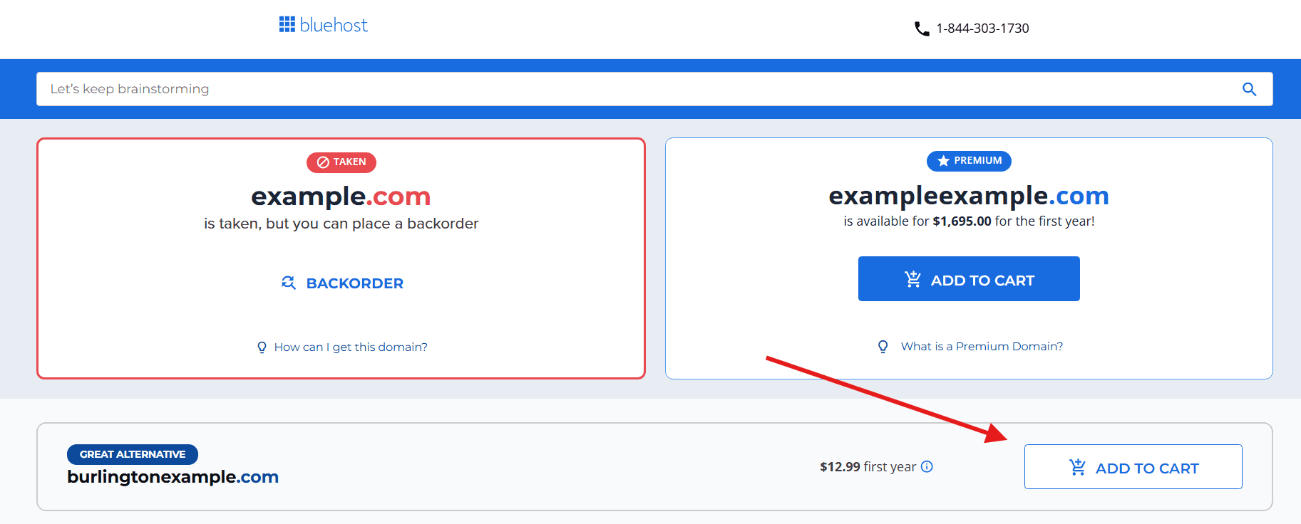 Bluehost expired domains search with backorder and purchase options for expired domain names