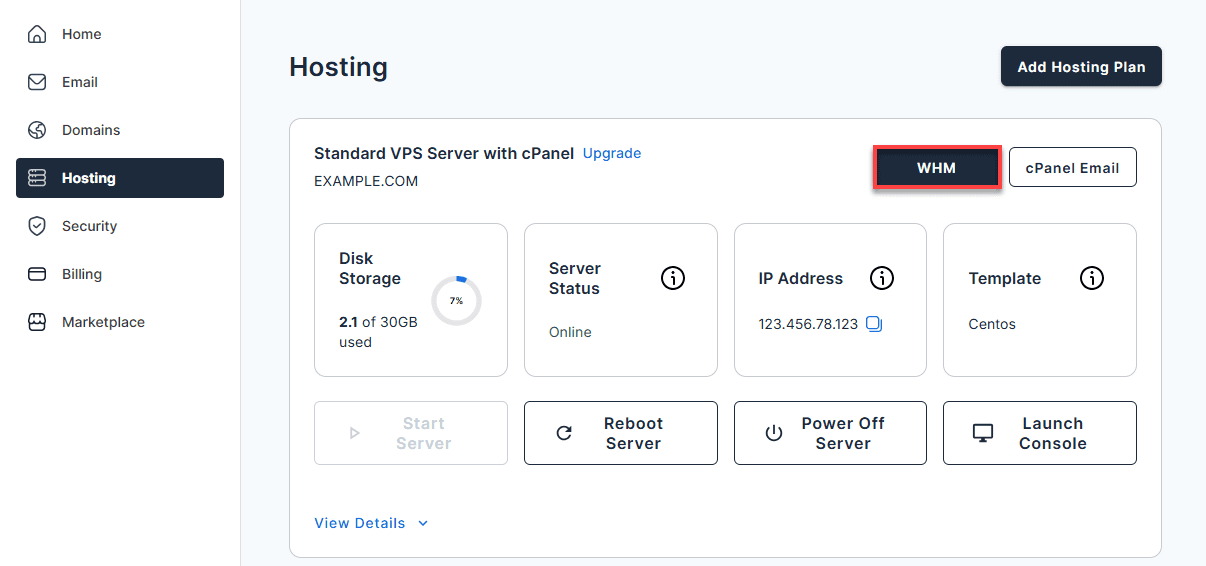 cpanel vps hosting dashboard with server info, WHM access, and easy site management options