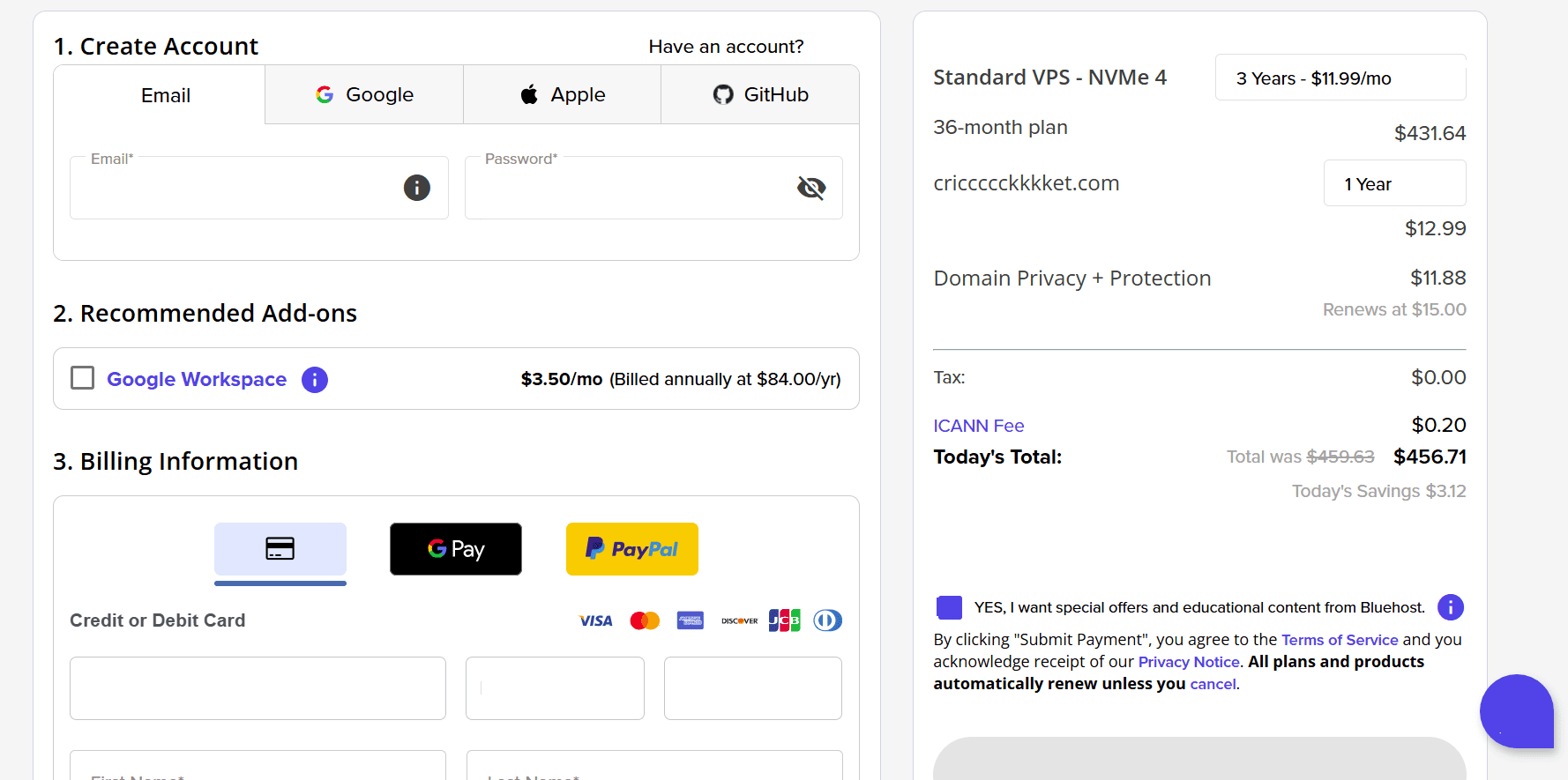 Checkout interface for Bluehost VPS hosting plan