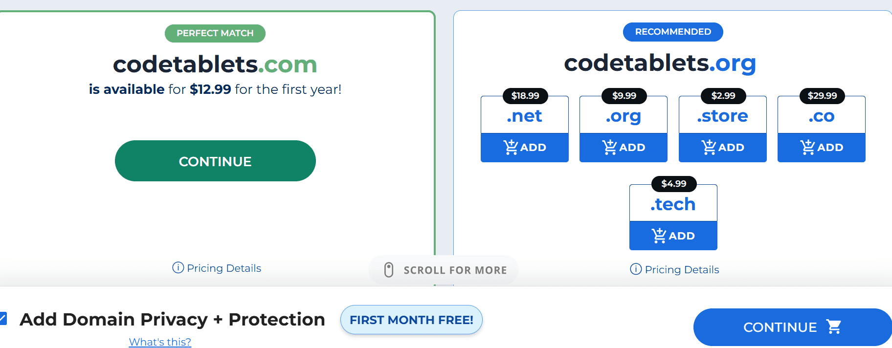 How to buy a domain: codetablets.com available $12.99 with .org, .net, .store, .co, .tech options