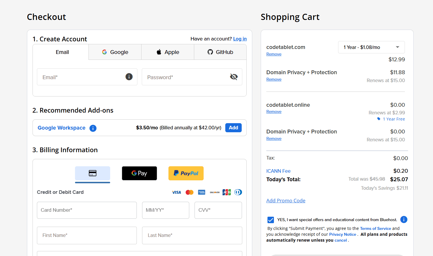 Domain checkout with Google Workspace add-on—domain-based email for agencies, cart view