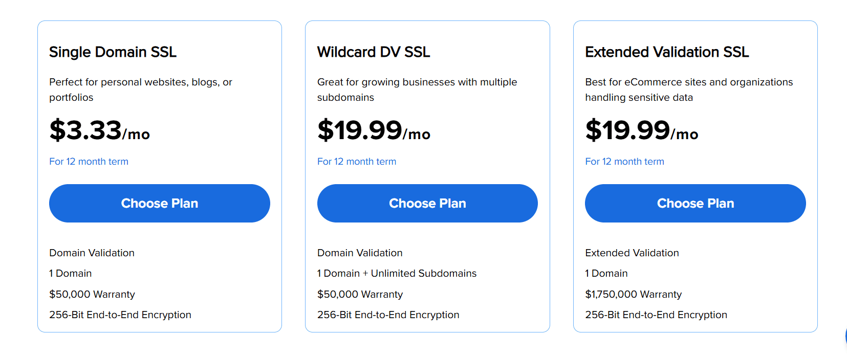 Free vs paid SSL certificates: Bluehost plans compare Single Domain, Wildcard DV, and EV pricing