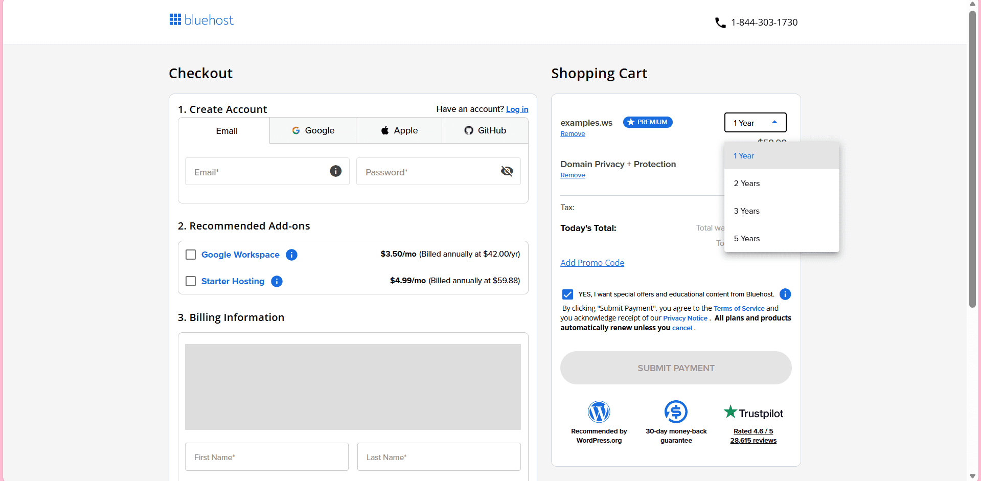 Bluehost checkout for .ws domain registration with domain privacy and 1–5 year options