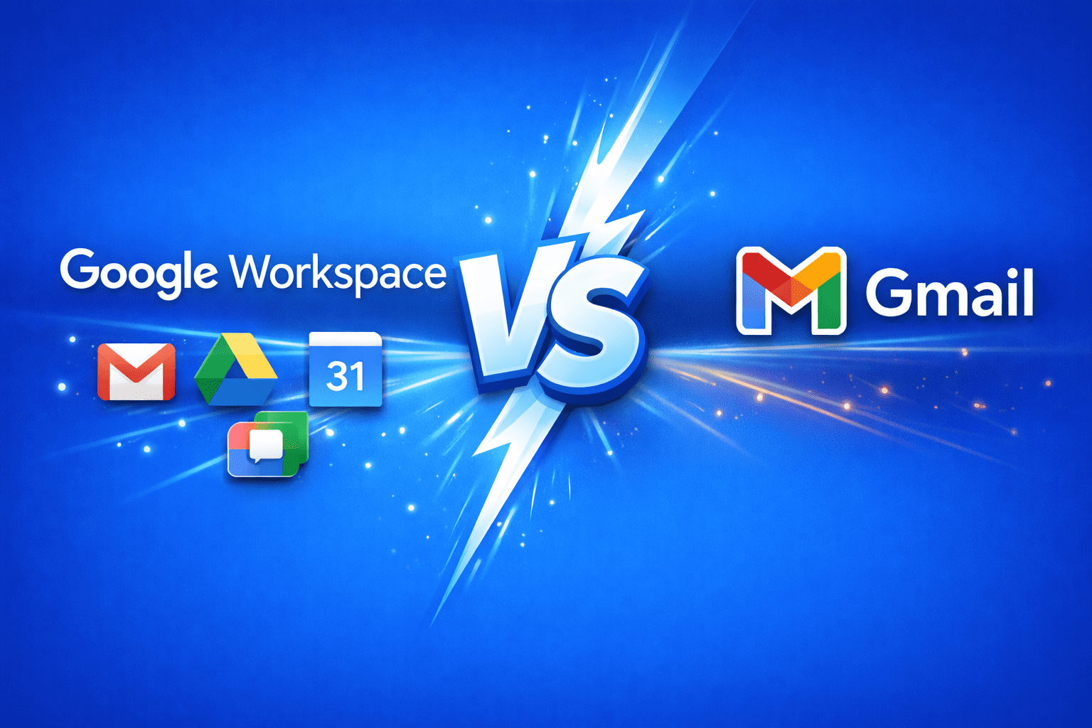 Google Workspace vs Gmail comparison with Drive, Calendar, and Chat icons on blue burst
