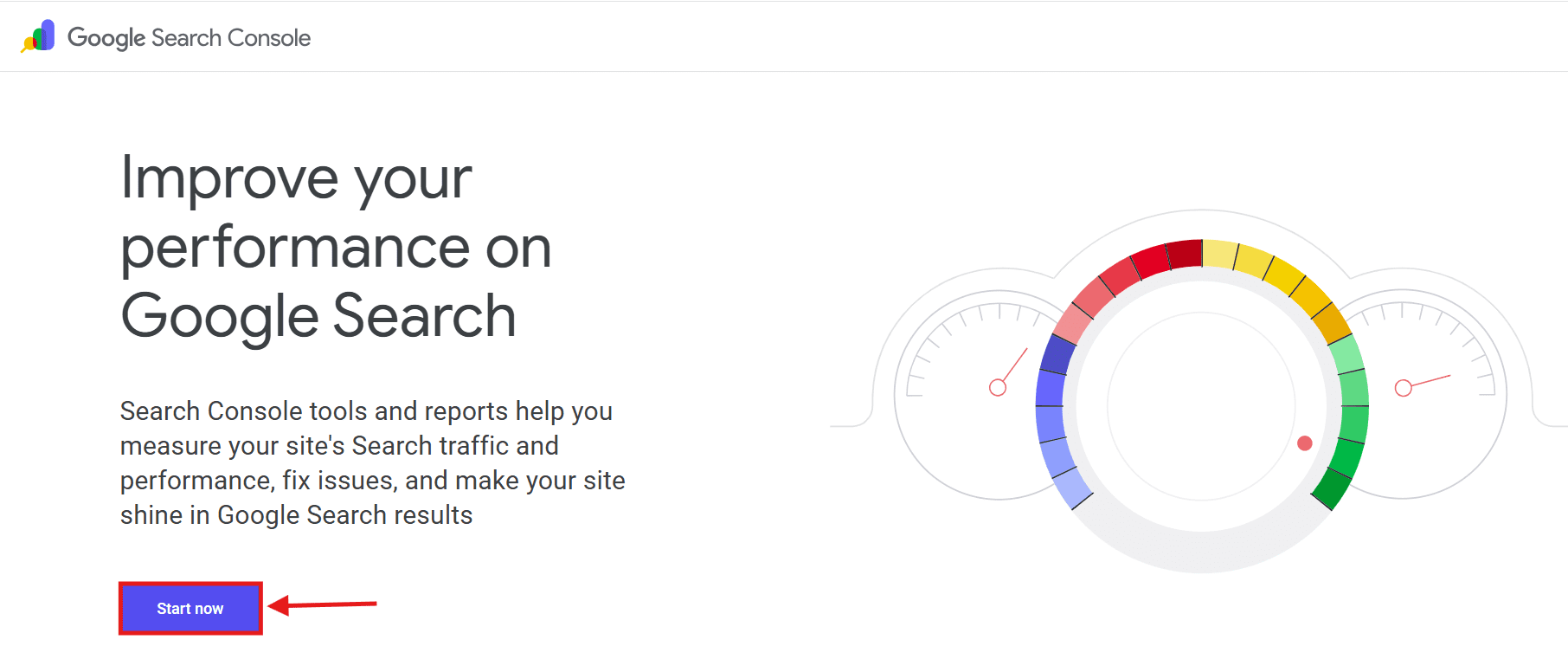 Yoast vs Google Search Console WordPress SEO: GSC start screen with performance meter, Start now