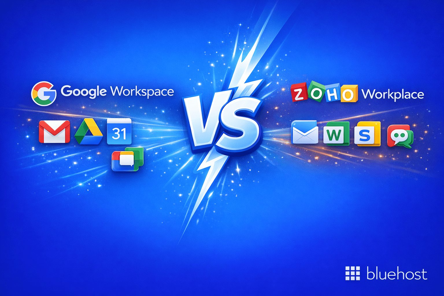 Google Workspace vs Zoho comparison with app icons, highlighting features, pricing, collaboration